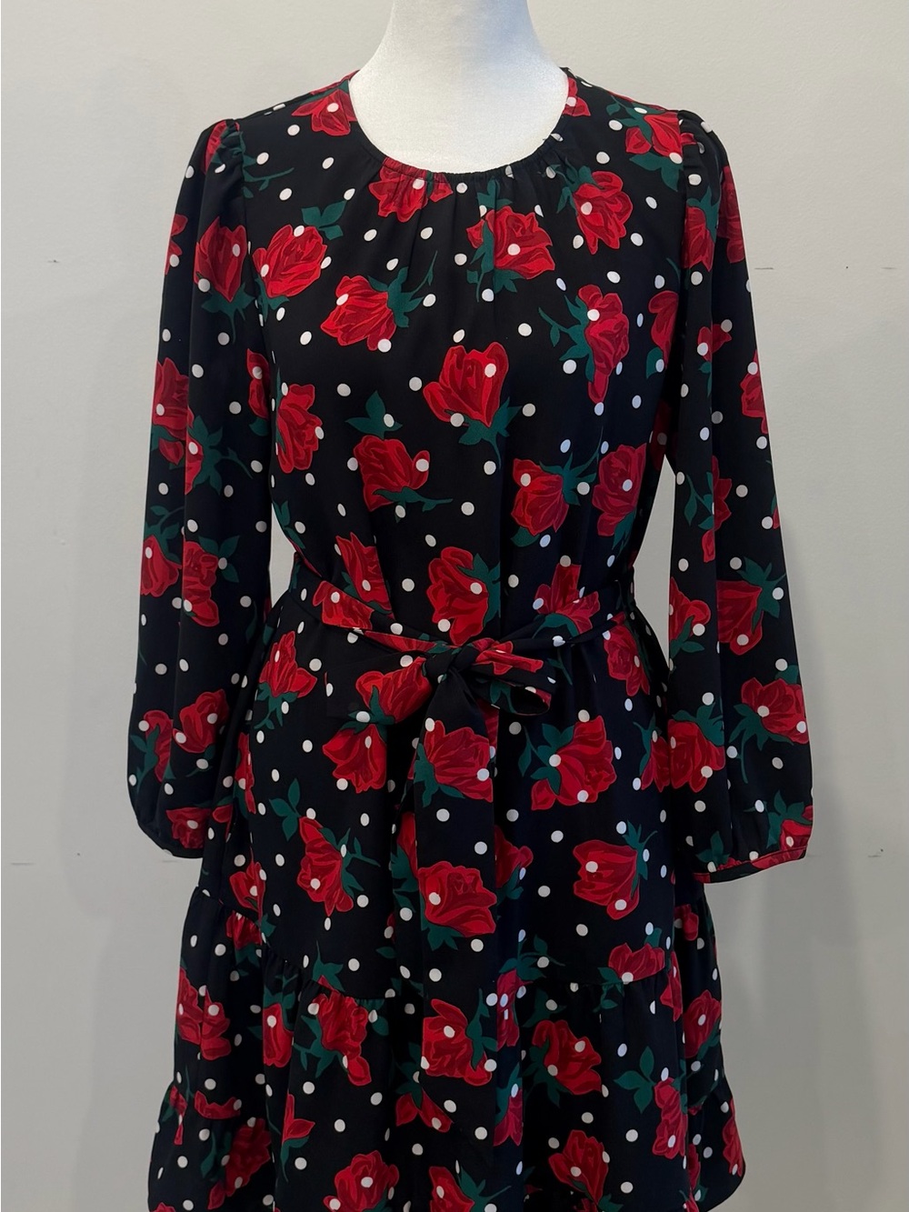 kate spade Black Floral Polka Dot Midi Dress with Red Roses